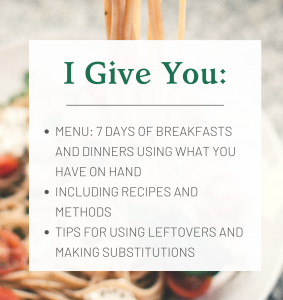 I Give You: Menu: 7 days of breakfasts and dinners using what you have on hand, including recipes and methods, tips for using leftovers and making substitutions