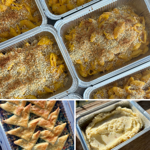Collage of pumpkin mac and cheese, roasted vegetable pot pie, and garlic smashed potatoes.